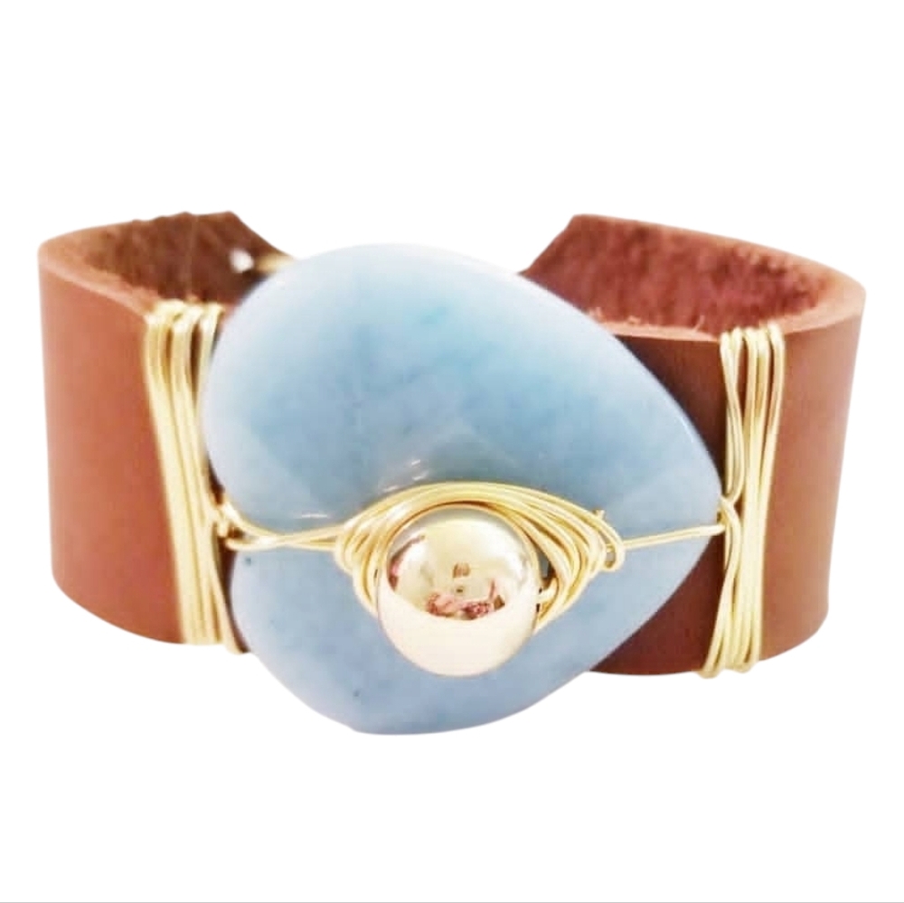 Leather and Blue Agate Heart Stone Cuff Bracelet - New